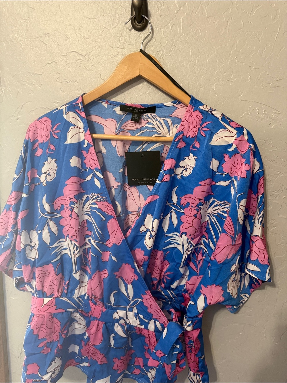 Marc New York Blue Floral Wrap Blouse with Pink & White Print